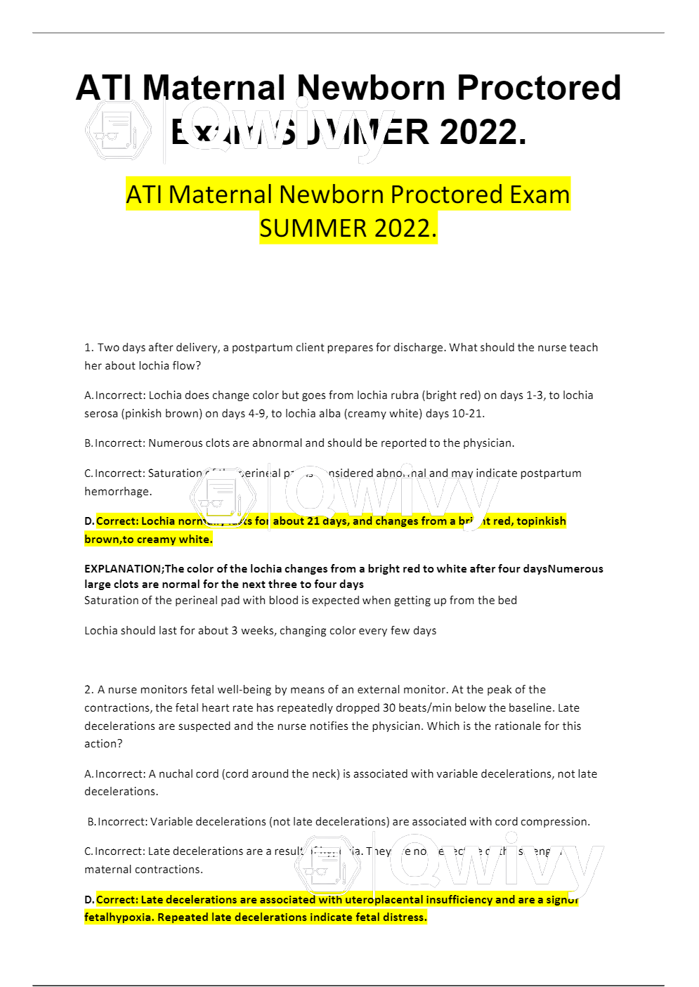 ATI Maternal Newborn Proctored Exam SUMMER 2022